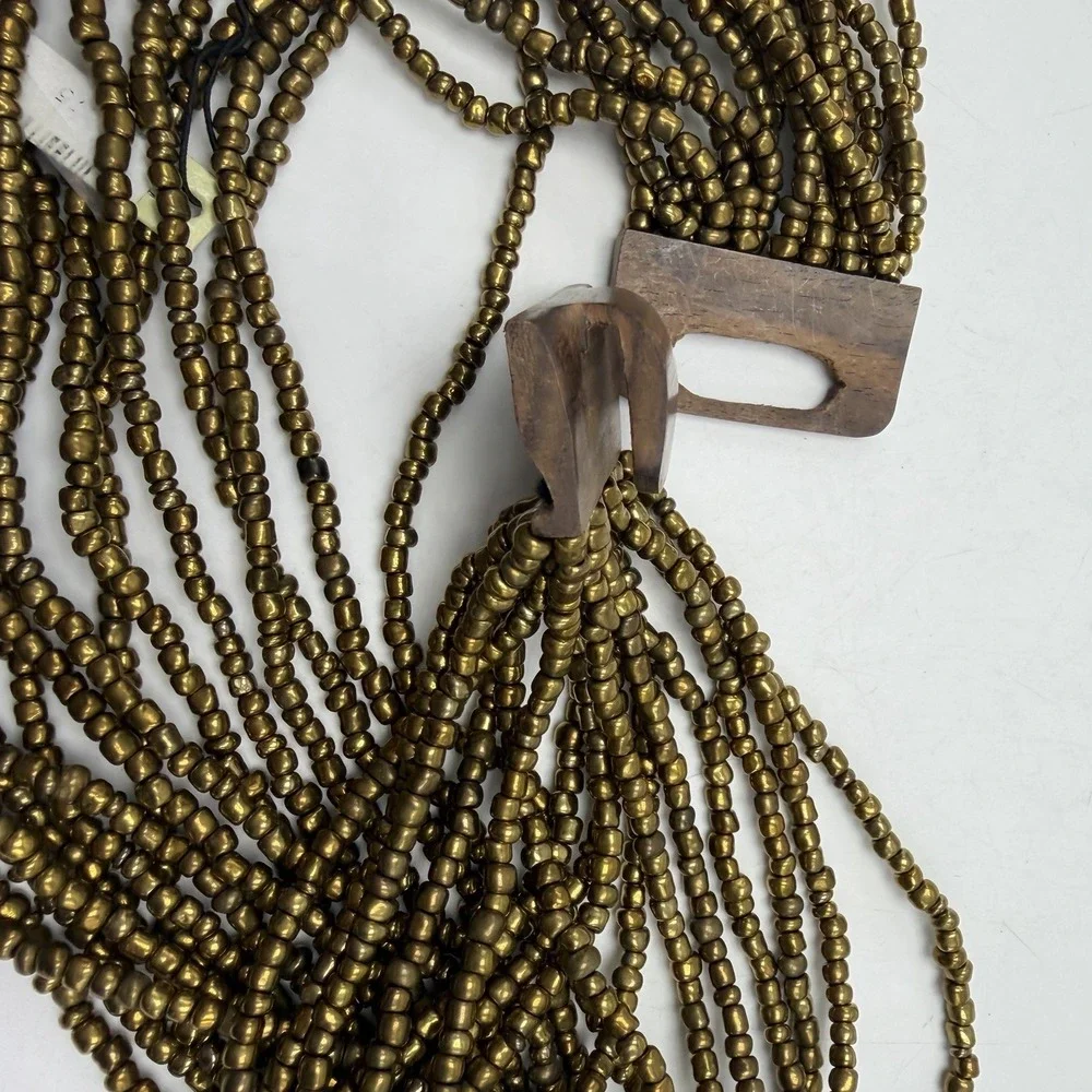 Statement Bronze Seed Bead Boho Necklace Bracelet Set Wood Clasp Multi New Gift